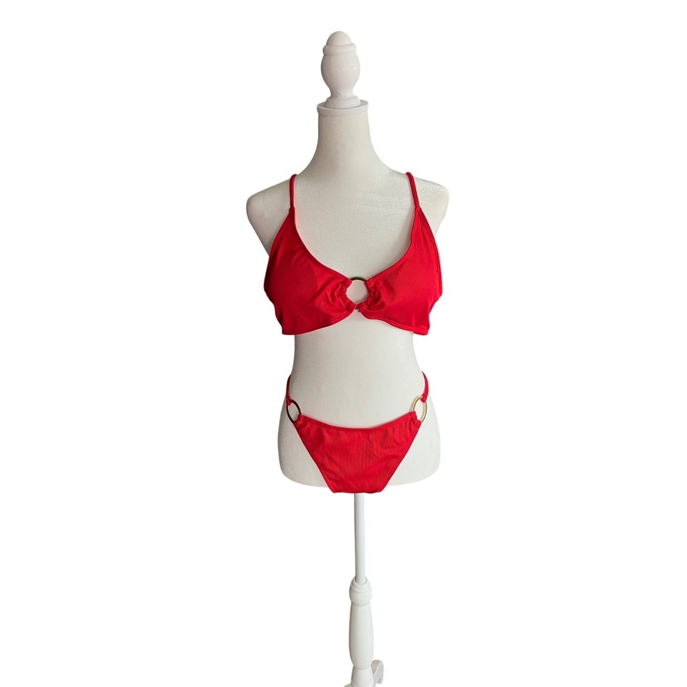 NEW Red Ribbed O-Ring Two Piece Bikini Set Size 2XL RUNS SMALL Fits Large to XL
